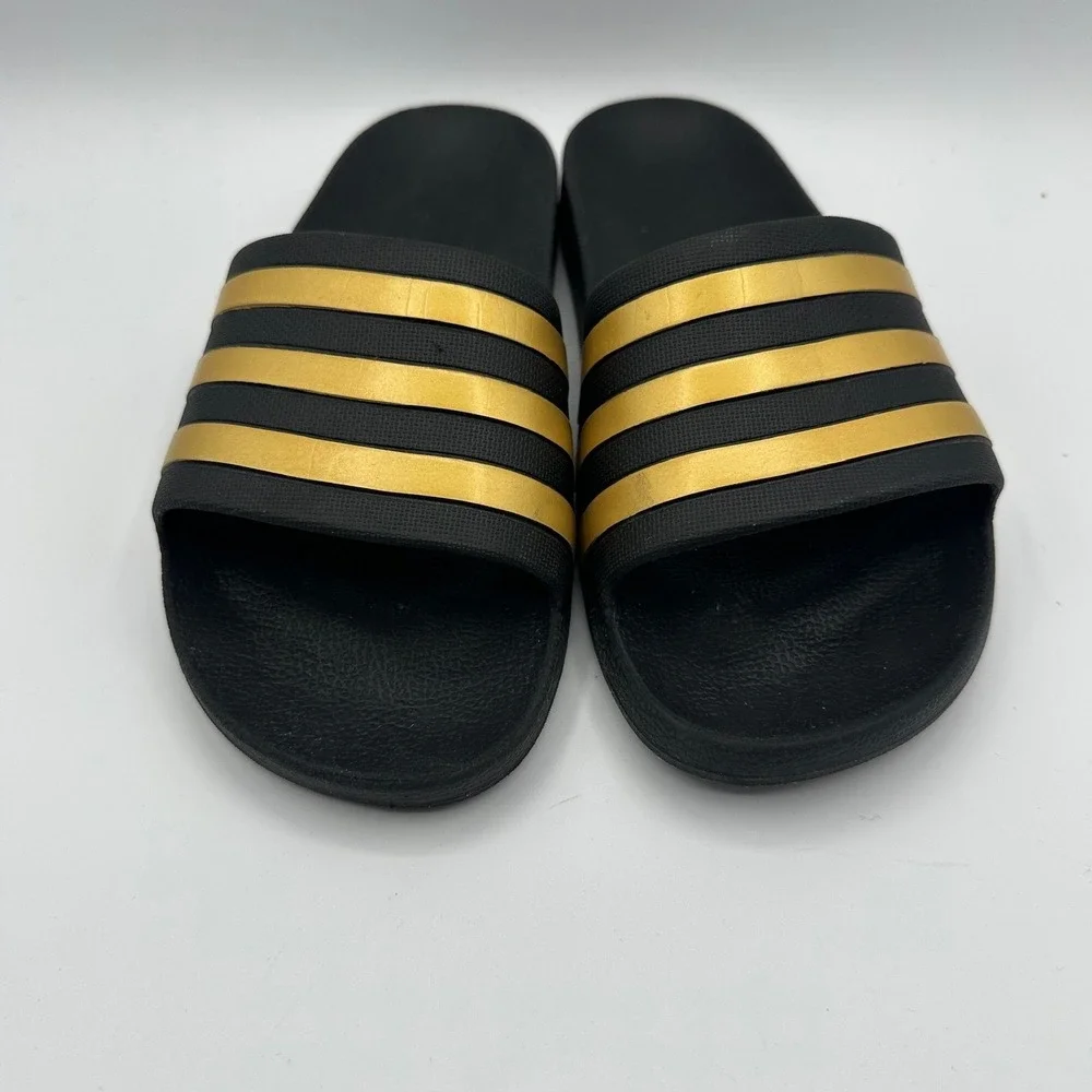 Adidas Adilette Aqua Slides Black Gold Stripes Men's‎ 7 Womens 8 Casual Comfort